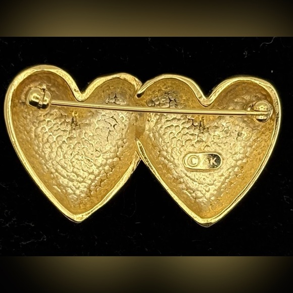 VTG Anne Klein AK Stamped 1.75” Puffy Dual Hearts Shiny Gold-toned Brooch - Picture 2 of 5